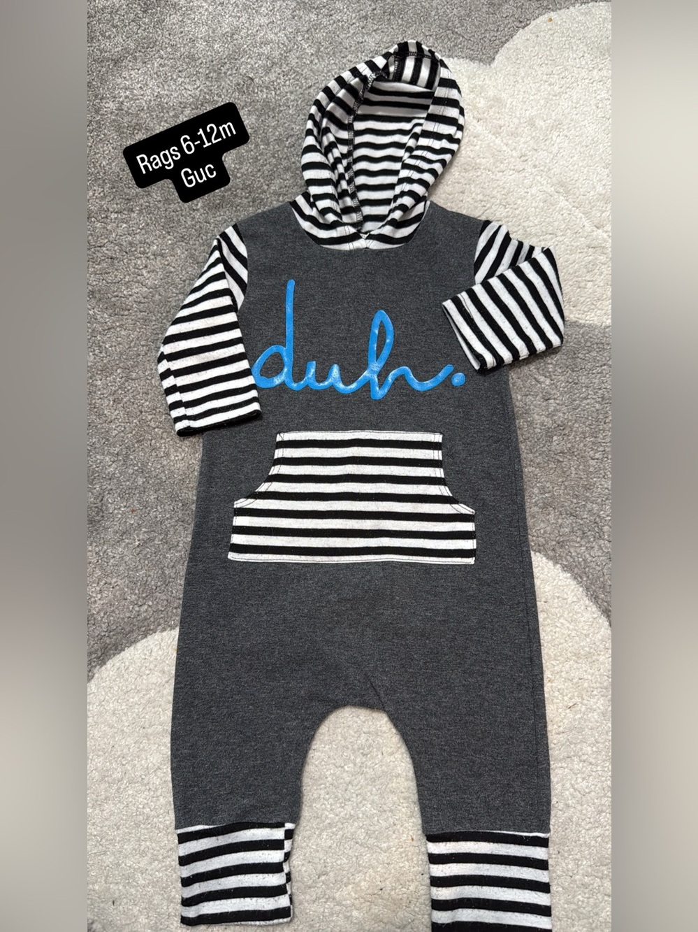RAGS Kids Striped Hoodie One-Piece with "duh." Graphic - Gray and Black